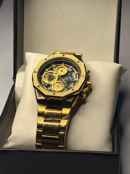 BESTWIN Men Watches Top Brand Luxury Stainless Steel Chronograph Gold Men Quartz