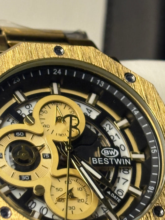 BESTWIN Men Watches Top Brand Luxury Stainless Steel Chronograph Gold Men Quartz